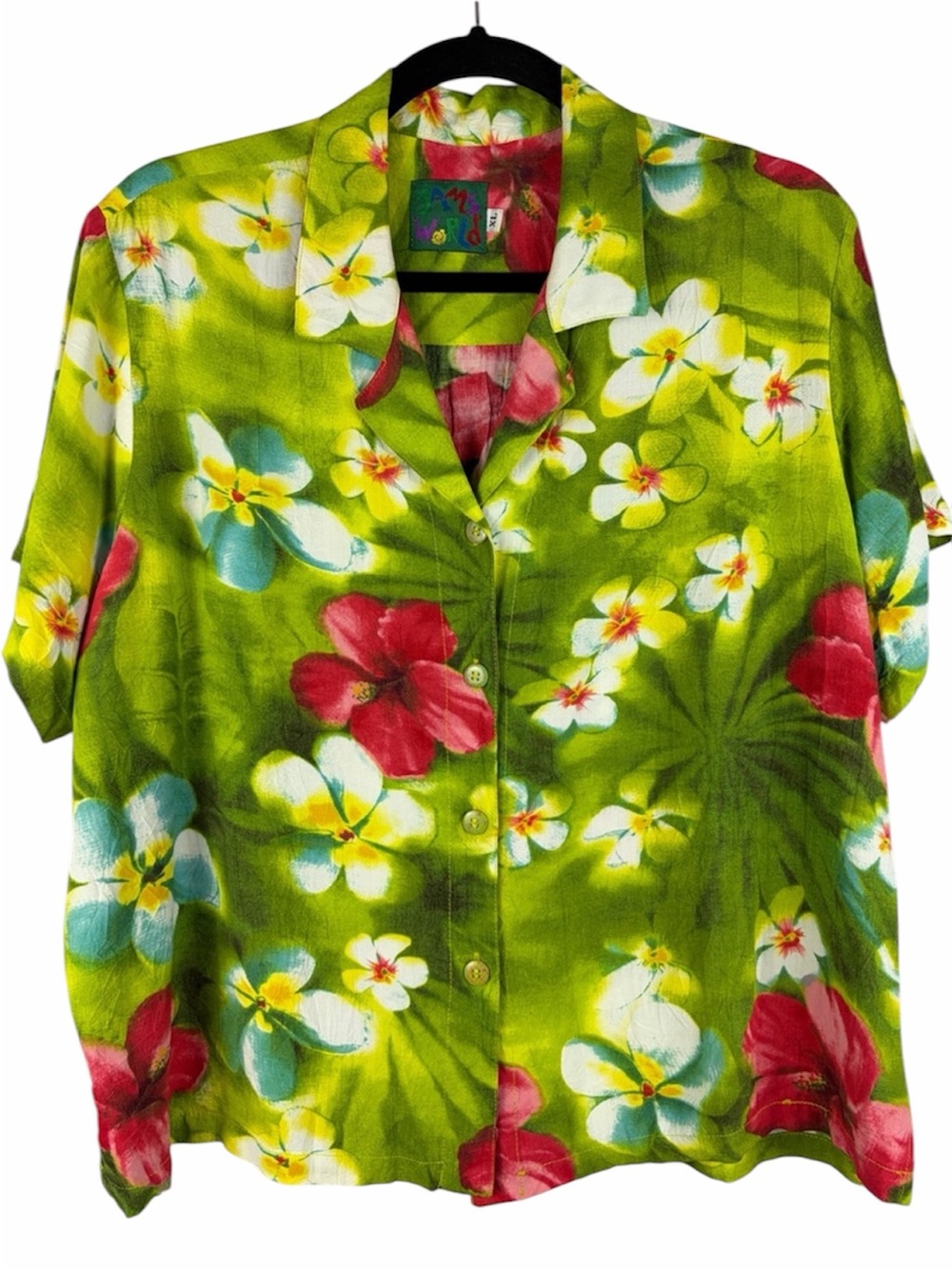 Jams World Puanani Green Floral Hawaiian Shirt XL Made in Hawaii